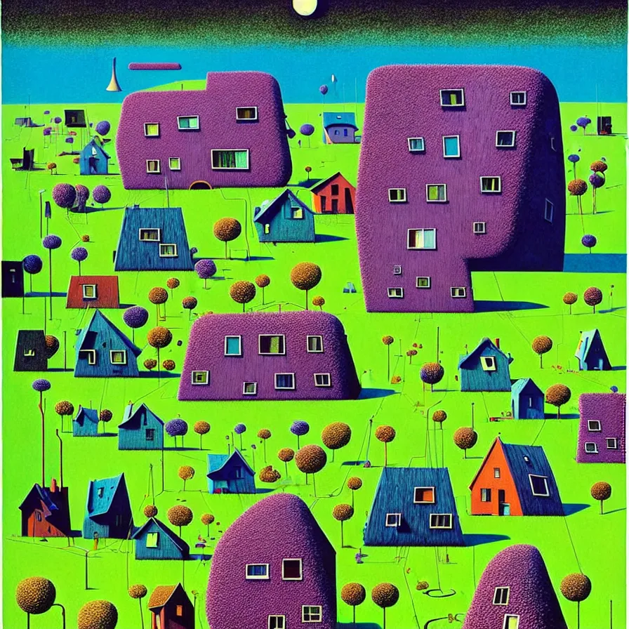 Image similar to surreal glimpse into other universe, house by norman foster, summer morning, very coherent and colorful high contrast, art by gediminas pranckevicius, geof darrow,!!! tove jansson!!!, floralpunk screen printing woodblock, dark shadows, hard lighting, stipple brush technique,