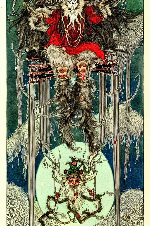 Prompt: victorian gruss vom krampus in the center of a frame made of christmas ornaments, art by kay nielsen and walter crane, illustration style, watercolor