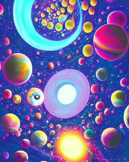 Image similar to multiverse painting, colorful, scifi, experimental, spheres. portals, black holes, wormholes, rays of light, highly detailed, cheerful, by studio ghibli, kun vic, masterpiece, award winning