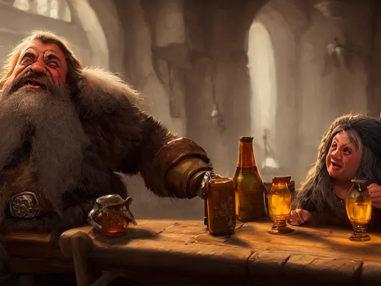 Prompt: Drunk Dwarf talks to Raven at the Tavern, RPG Portrait, Oil Painting, Trending on Artstation, octane render, Insanely Detailed, 8k, HD