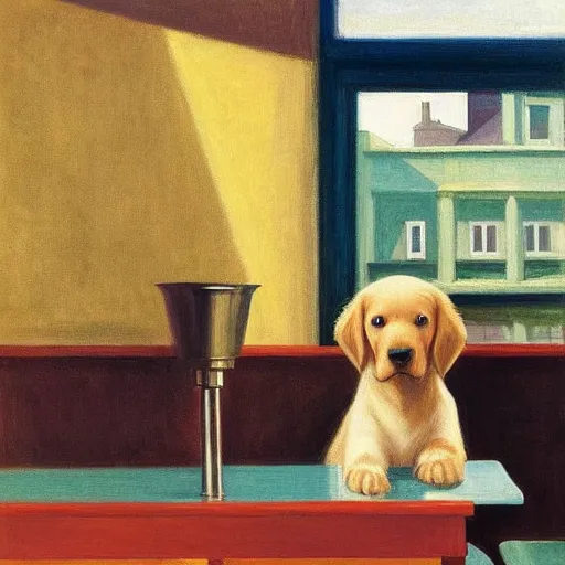 Image similar to golden retriever puppy sitting at a diner drinking a cup of coffee, looking melancholy, Edward Hopper