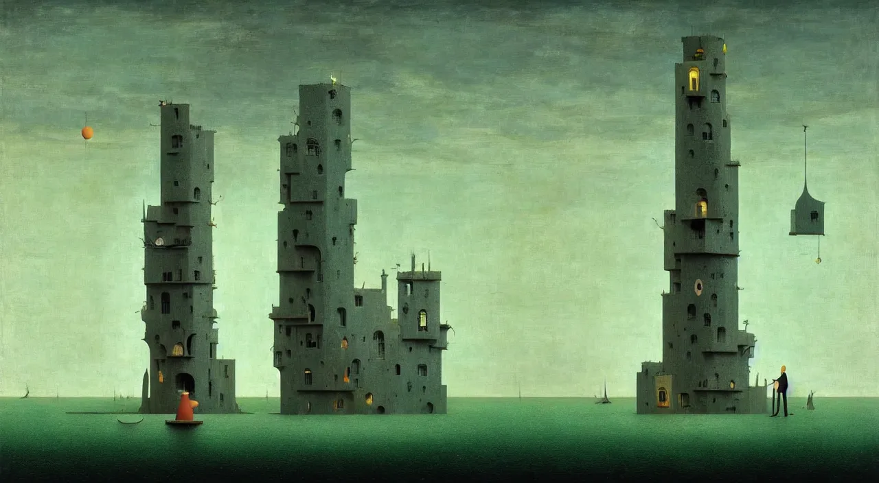 Image similar to single flooded simple!! tower anatomy, very coherent and colorful high contrast masterpiece by franz sedlacek hieronymus bosch dean ellis simon stalenhag rene magritte gediminas pranckevicius, dark shadows, sunny day, hard lighting