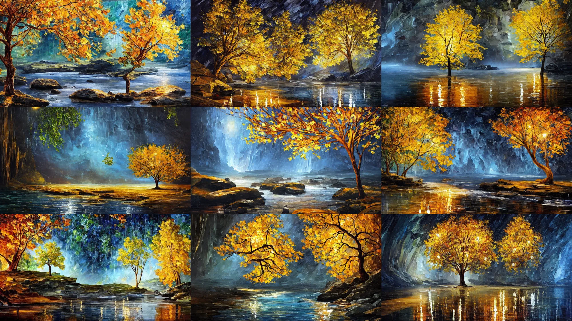 Prompt: A beautiful, highly detailed, very realistic oil painting of a single golden tree, next to a small river, glowing bright blue in the middle of a huge, very dark cave, with lots of dark grey rocks, oil painting by Afremov and Greg Rutkowski.