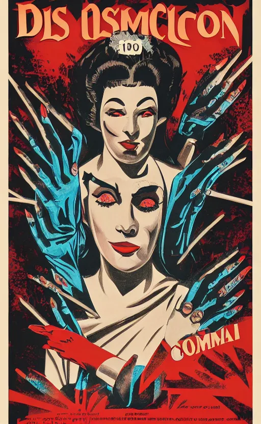 Image similar to 8 k cursed with necronomicon horrorcore cel animation poster depicting dominican woman with sharp nails, intricate faces, metropolis, 1 9 5 0 s movie poster, post - processing, vector art