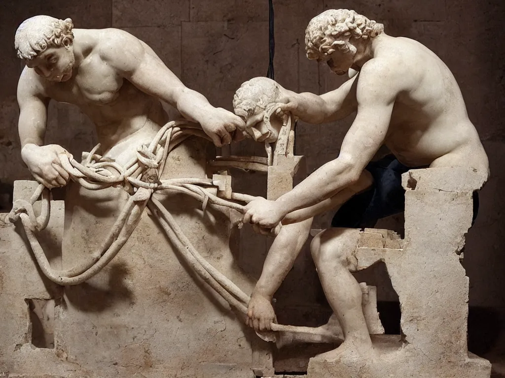 Prompt: an it - guy trying to fix hardware of a pc tower is being tangled by the pc cables like laokoon. marble, copy after hellenistic original from ca. 2 0 0 bc. found in the baths of trajan, 1 5 0 6