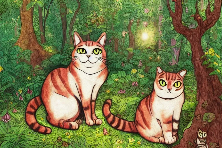 Image similar to a cat in a forest, highly detailed, digital art, trending on artstation, backlighting, by kawacy, by don bluth, by ken sugimori, by louis wain, fan art