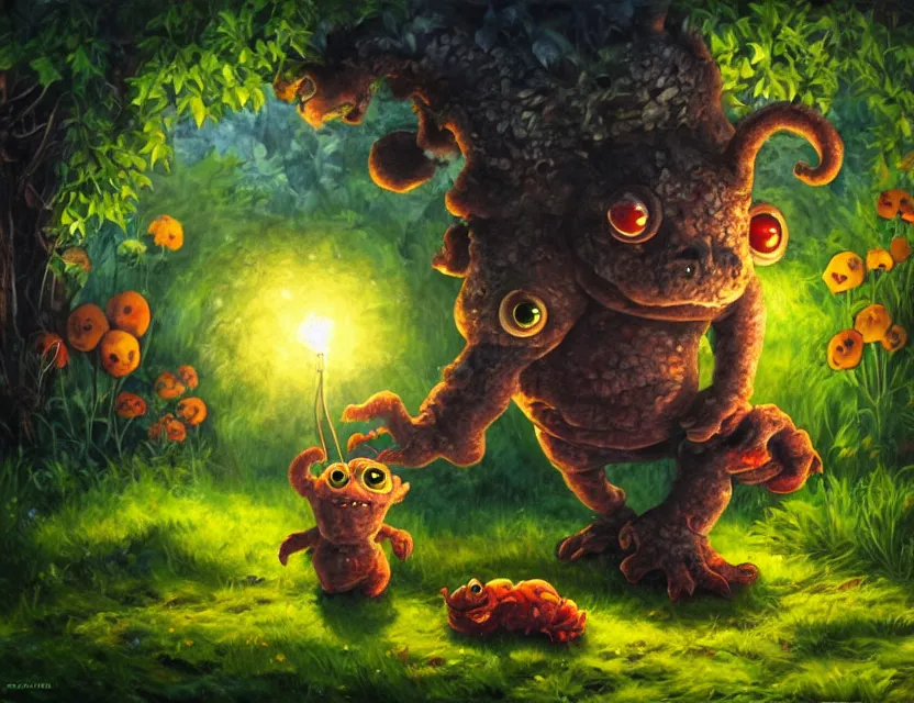 Prompt: cute monster in the garden. oil painting by award - winning comic artist. backlighting, chiaroscuro, depth of field, luminescent colors.