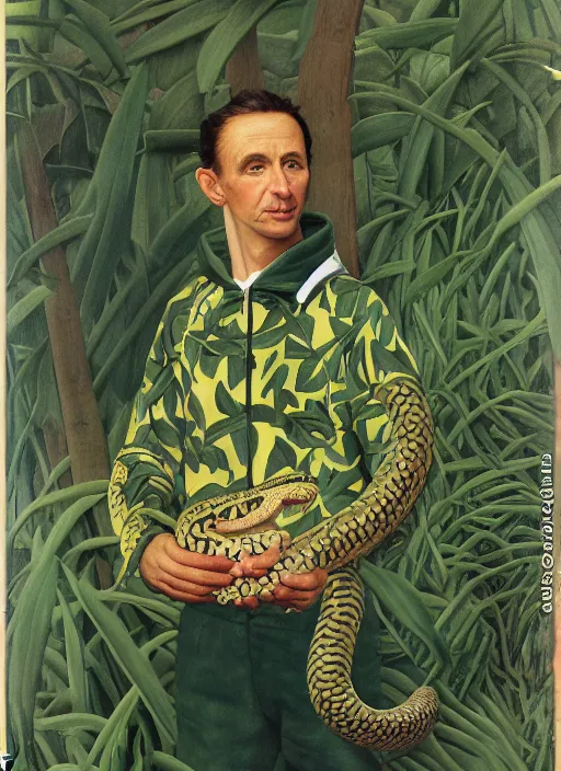 Image similar to a 3 5 mm portrait of a boiga snake wearing an adidas anorak painted by henri rousseau and norman rockwell