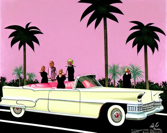 Prompt: fat shiny ceramic white hair old women in a vintage 5 0 s convertible cadillac in the miami art deco hotel district with palm trees, hyperrealistic, artstation, illustration, nicoletta ceccoli, mark ryden, lostfish, dan decarlo, bob clampett, max fleischer, matte paint, vivid colors