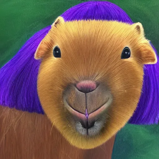 Prompt: painting of a capybara with a purple wig