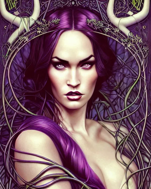 Image similar to new art nouveau closeup portrait of fantasy succubus megan fox wearing a royal dress in an evil forest, anna dittmann, moebius, wlop, artgerm, patrick nagle, charlie bowater and loish. long windblown hair, ultrasharp focus, dramatic lighting, barbwire vine arches, photorealistic digital matte painting, intricate, dark souls