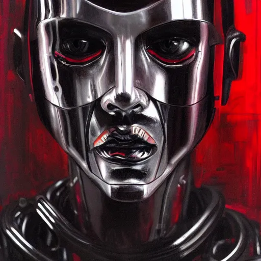 Prompt: cyberpunk human robot, scary, menacing, red and black and white, varnished painting, visible canvas, highly reflective, realistic reflections, realistic lighting, glossy, realistic