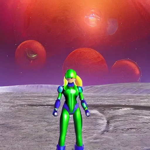 Image similar to Samus in the varia suit standing in the middle of a desolate planet, full body shot, the planet is full of otherworldly natural structures, two moons float above the horizon, futuristic