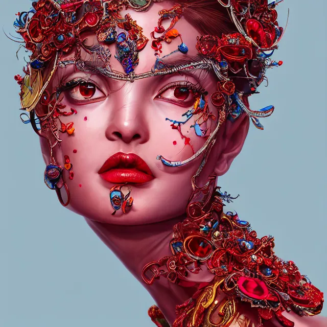 Image similar to studio portrait of absurdly beautiful, elegant, young hypercolorful gravure idol made of rubies and red gems, ultrafine hyperrealistic detailed face illustration by kim jung gi, irakli nadar, intricate linework, sharp focus, bright colors, matte, octopath traveler, final fantasy, unreal engine highly rendered, global illumination, radiant light, intricate environment