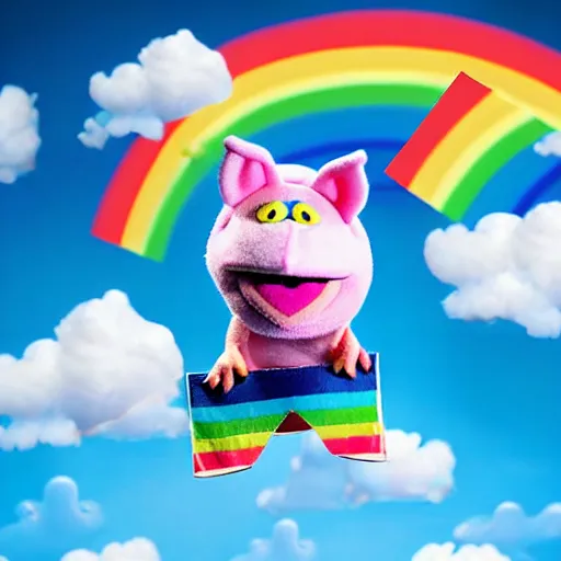 Image similar to studio photograph of a flying pig with wings depicted as a muppet in a blue sky with cotton ball clouds and rainbows