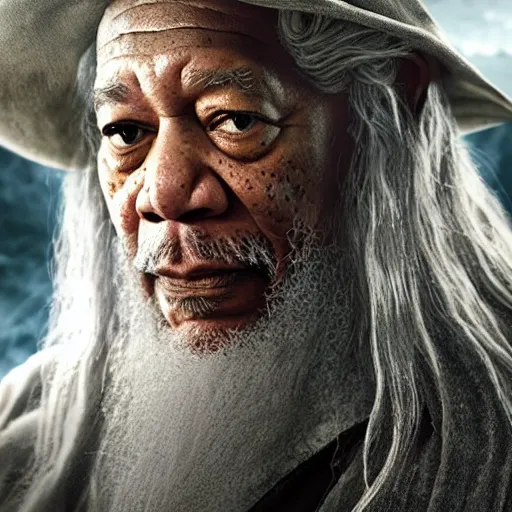 Image similar to morgan freeman starring as gandalf in lord of the rings, realistic extremely detailed photo style painting, granular detail, holographic krypton ion, octane render, 4 k, f 3 2, 5 5 mm photography, wide angle