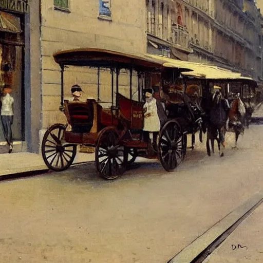 Image similar to artist ewan mcgregor is walking in early 2 0 th century paris. he is a gentleman and wears a bowler hat, horses, horse carts, horse cartridges on streets, walking ladies and gentlemen an early car prototype, early 2 0 th century tram, by d'edouard cortes