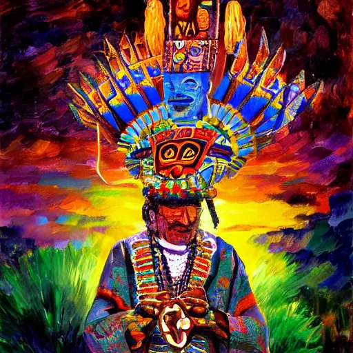 Prompt: DMT Aztec Priest performing a ritual at the top of a Aztec temple. Artwork by Afremov, Leonid