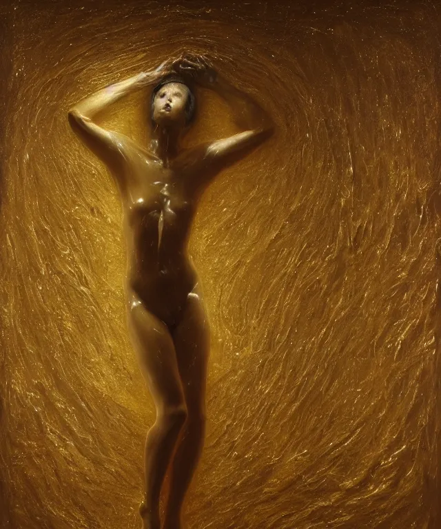 Image similar to Beautiful full-body wax sculpture of glowing transparent woman in glowing cloth with visible gold bones covered with melted white wax inside the singularity where stars becoming baroque folds of dark matter by Michelangelo da Caravaggio, Nicola Samori, William Blake, Alex Grey and Beksinski, dramatic volumetric lighting, highly detailed oil painting, 8k, masterpiece