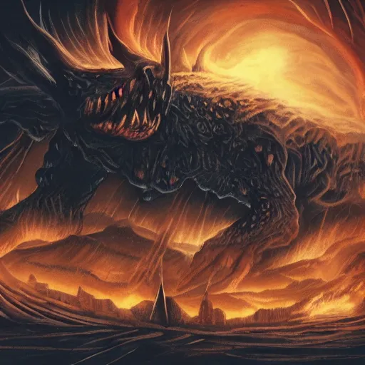 Image similar to Dark powerful creature all on fire with only one eye, destroying city, old art