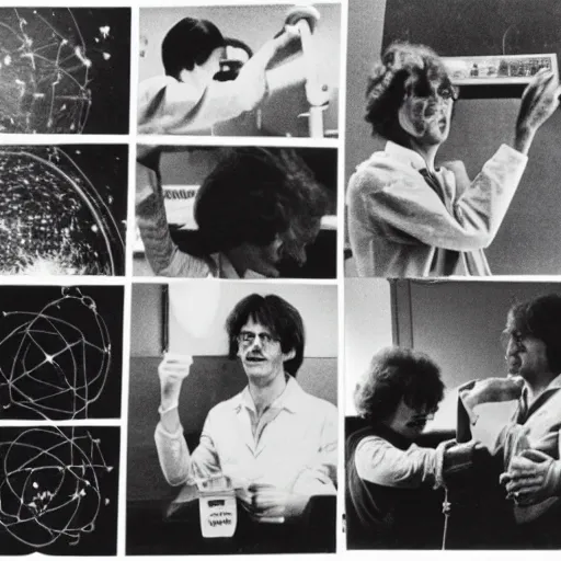 Image similar to scientists discovering the meaning to the universe, textbook photo, 1 9 8 0 s photo, action shot, historical photo