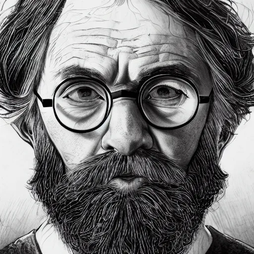 Prompt: a close up portrait of a bearded harry potter as an extremly old man, art station, highly detailed, concept art, sharp focus, illustration in pen and ink, wide angle, by Kentaro Miura