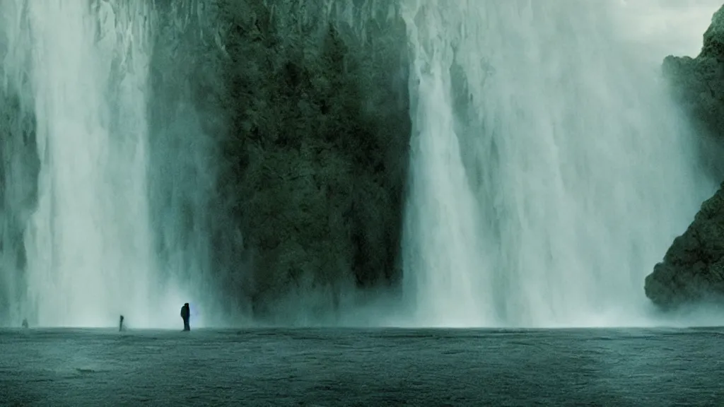 Prompt: ghosts in a waterfall, film still from the movie directed by Denis Villeneuve with art direction by Zdzisław Beksiński, wide lens