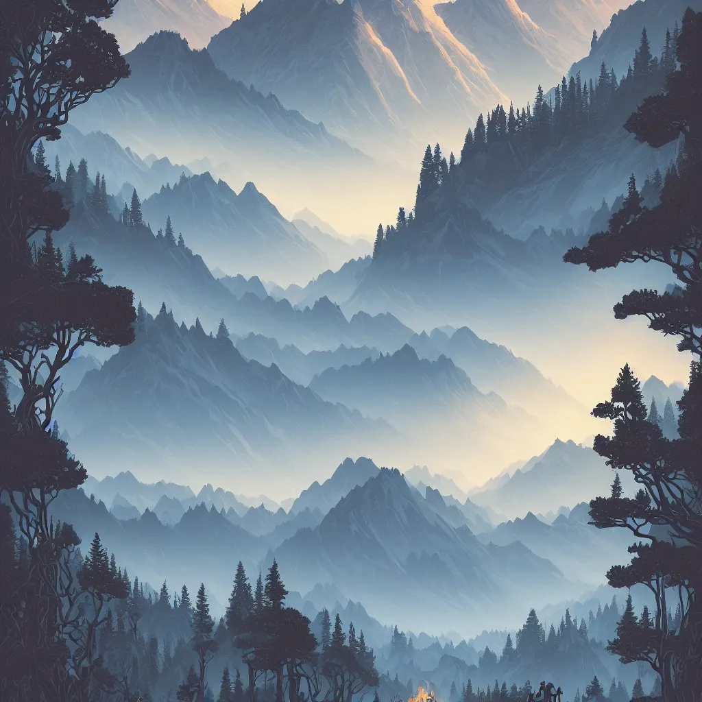 Image similar to a beautiful landscape with trees and mountains, by dan mumford, artstation, behance, highly detailed, concept art, dramatic lighting, minimalist