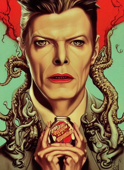 Image similar to twin peaks poster art, david bowie vs cthulhu, old retro pulp noir comic cover, by michael whelan, rossetti bouguereau, artgerm, retro, nostalgic, old fashioned