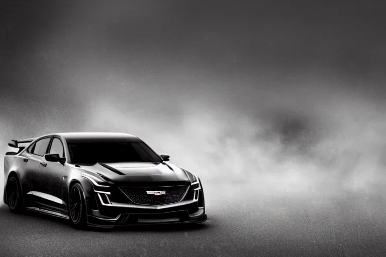 Prompt: black cadillac blackwing 2023. ct5-v GT3 Performance modified large spoiler, big front lip, wide bodied, car driving on dimly lit street overcast skies raining. headlights illuminating road, volumetric lighting cinematic vray photo muted colors dark cinematic. dark photo. front side view uncropped centered. artstation trending dramatic harsh lighting low exposure, motion blur, dof