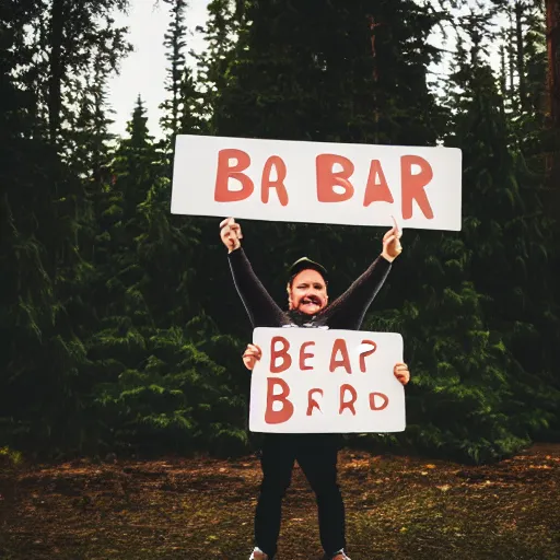 Prompt: bear holding a sign that says bear, 5 0 mm lens, bokeh, good lighting