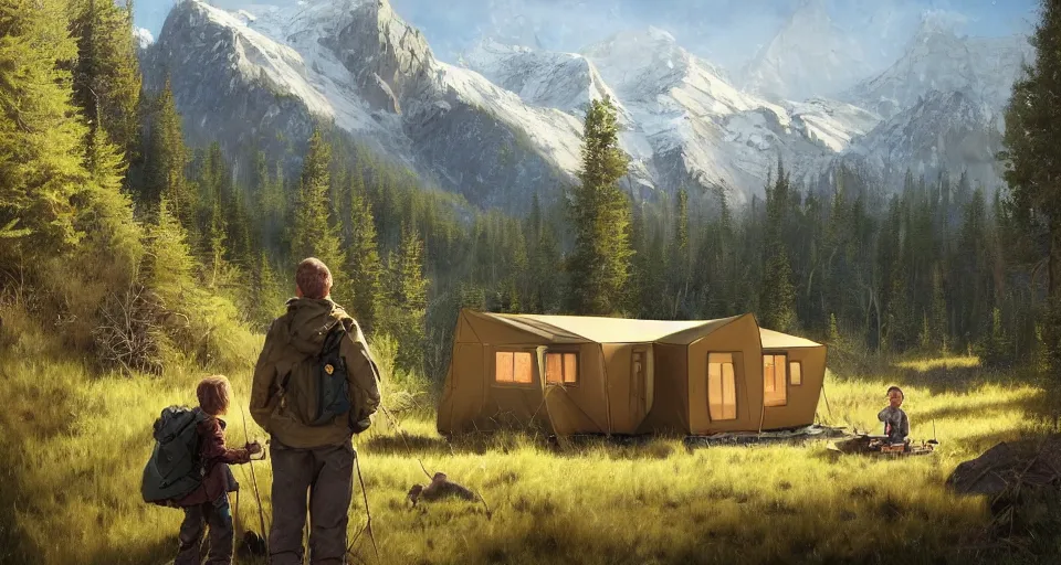 Image similar to cabela's beautiful comfortable carbon framed, modular insulated wall portable container home kit - house all weather family dwelling tent house, person in foreground, mountainous forested wilderness open fields, beautiful views, painterly concept art, environmental concept art, concept art illustration, by james gurney, by craig mullins, by greg rutkowski trending on artstation