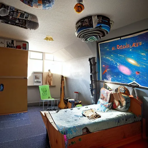 Image similar to detailed room in the sewer lair The room is a clutter if clothes and a bunkbed with space posters everywhere by Walt peregoy,soft,light,bright,epic,awesome, where people would live