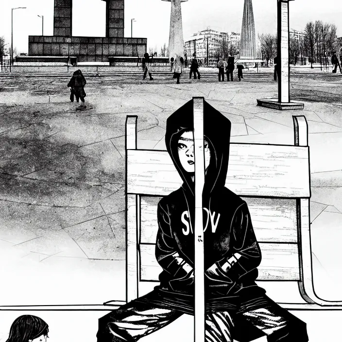 Image similar to storyboard : sadie sink in hoodie sits on bench in ruined square, pedestrians walk by, soviet monument and propaganda posters. scifi cyberpunk. by gabriel hardman. cinematic atmosphere, detailed and intricate, perfect anatomy