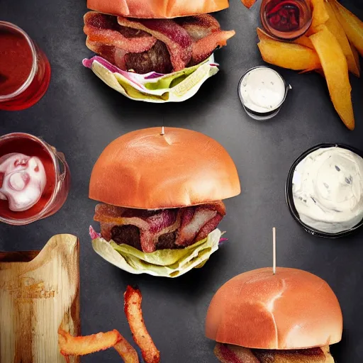 Image similar to bacon bacon burger bacon soda bacon fries, award winning food photography