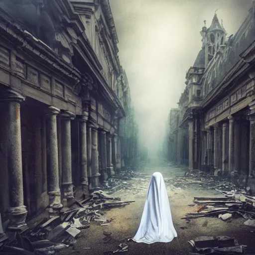 Prompt: ominous bedsheet ghost with cutout eyeholes walking through the center of a destroyed london city, oil painting, gloomy misty atmosphere, symmetrical, full body image, highly ornate intricate details, very sharp photo,