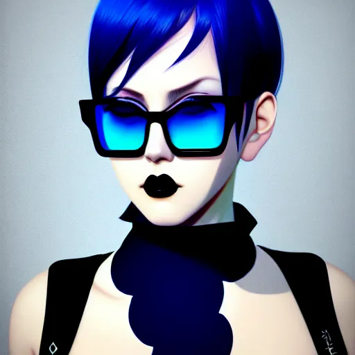 Prompt: realistic high key portrait photo of a beautiful chubby pale goth girl with asymmetrical blue hair and badass euro design sunglasses hiding a secret. by shin jeongho, nick silva and ilya kuvshinov, deviantart, detailed character design, 8 k resolution