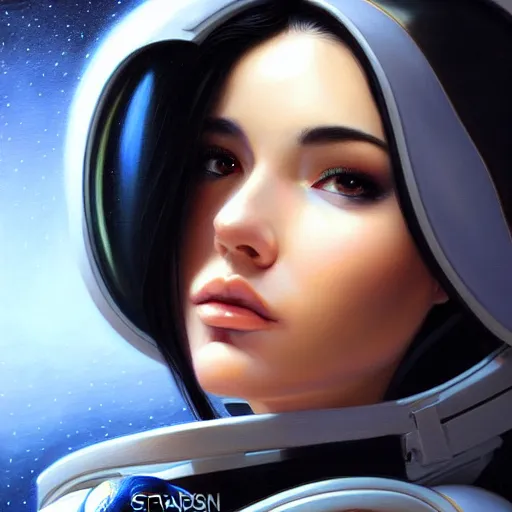 Image similar to a portrait of a very beautiful woman in a spacesuit, Alexandria's genesis, shoulder-length black hair, bored, illustration, soft lighting, soft details, painting oil on canvas by mark arian by artgerm, trending on artstation, 4k, 8k, HD