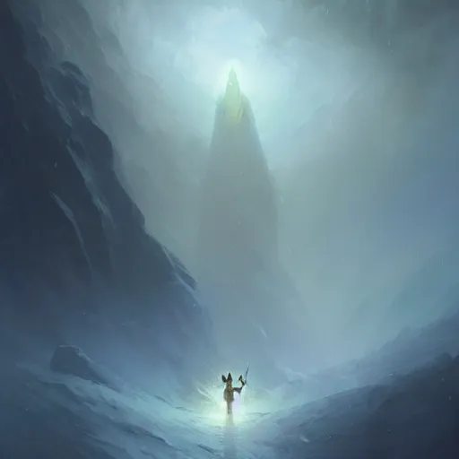 Image similar to a human with ancient sword who can kill gods is going to kill the viking god on a blizzard hills made by ivan aivazovsky, peter mohrbacher, greg rutkowski volumetric light effect broad light oil painting painting fantasy art style sci - fi art style realism premium prints available artwork unreal engine