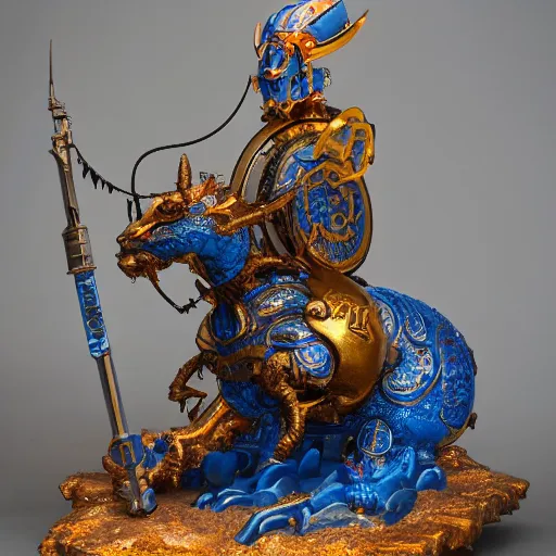 Image similar to a guardian, hussein by hieronymus engine, beautiful barbarian rays of shimmering mechanical chinese blue inexplicable cinematic, 8 k resolution, and behavior, and paint oil paint metal liquid metal sculpture