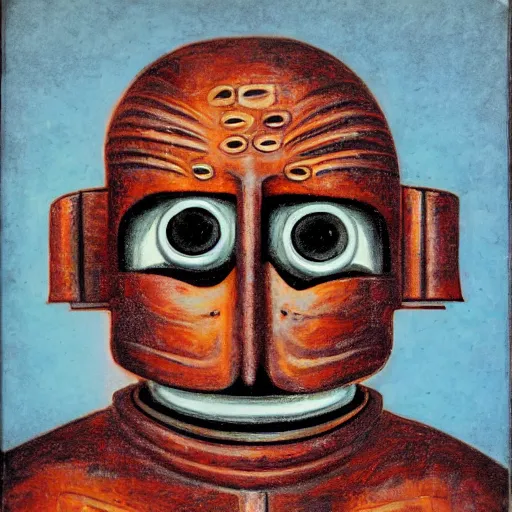 Prompt: portrait of half humanoid half robort with metal winks in back