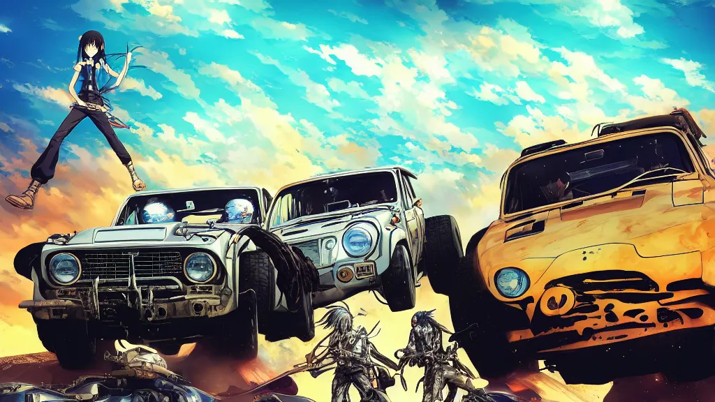 Image similar to anime illustration of mad max's fj 4 0 pursuit special, the last v 8 interceptor driving down to the gates of valhalla highway, riding fury road eternal shiny and chrome, world of fire and blood, by makoto shinkai, ilya kuvshinov, lois van baarle, rossdraws, basquiat, global illumination ray tracing hdr