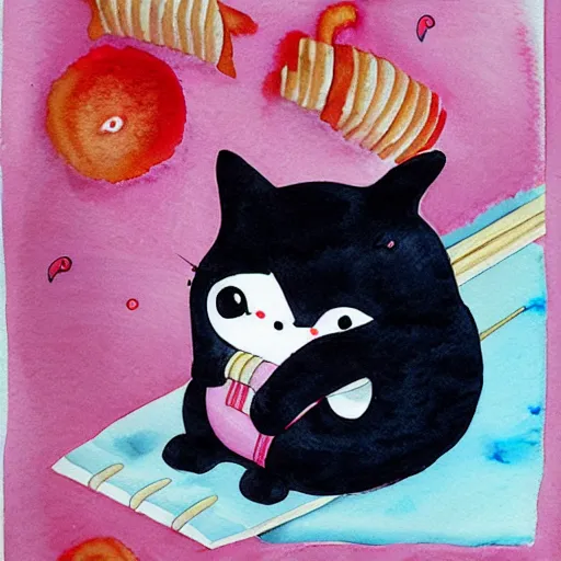 Image similar to sushi cats watercolour children's book illustration