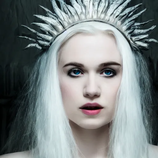 Prompt: a pale girl with white hair wears a crown of an animal skull, cinematic lighting, ultra detailed, masterpiece