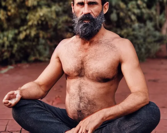 Image similar to mr robert smoke weed and meditate, he has dark grey hairs, detailed glad face, muscular chest, visible belly, golden hour closeup photo, red elegant shirt, eyes wide open, ymmm and that smell