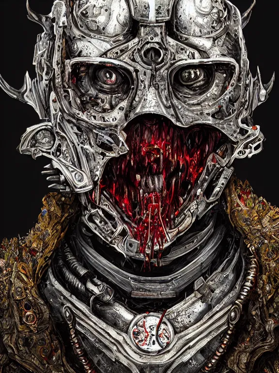 Image similar to portrait art of 8k ultra realistic cursed man,blood, detailed intricate ornate armour,decaying, cybernetic, full of colour, cinematic lighting, battered, trending on artstation, 4k, hyperrealistic, focused, extreme details,unreal engine 5, cinematic, masterpiece, art by ayami kojima, giger