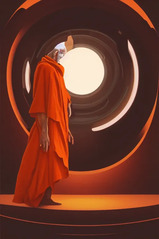 Image similar to portrait of a monk in a spaceship, looking out of a round window at nebula, orange robe, dramatic lighting, artstation, matte painting, ralph mcquarrie