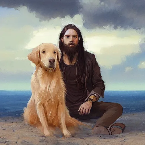 Image similar to oil painting of a young man with long hair blond and a beard hippie style painting on a golden retriever, people watching around, by greg rutkowski, artstation