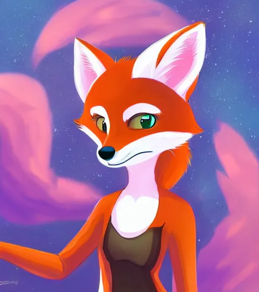 Image similar to digital detailed art of furry female fox, in style of zootopia, fursona, furry, furaffinity, deviantart, wearing astronaut outfit, floating in space, space background, hyena fursona, cyberpunk, detailed face, style of artgerm,