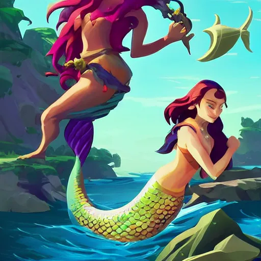 Image similar to painting mermaid treasure on sea of thieves game avatar hero smooth face median photoshop filter cutout vector, behance hd by jesper ejsing, by rhads, makoto shinkai and lois van baarle, ilya kuvshinov, rossdraws global illumination